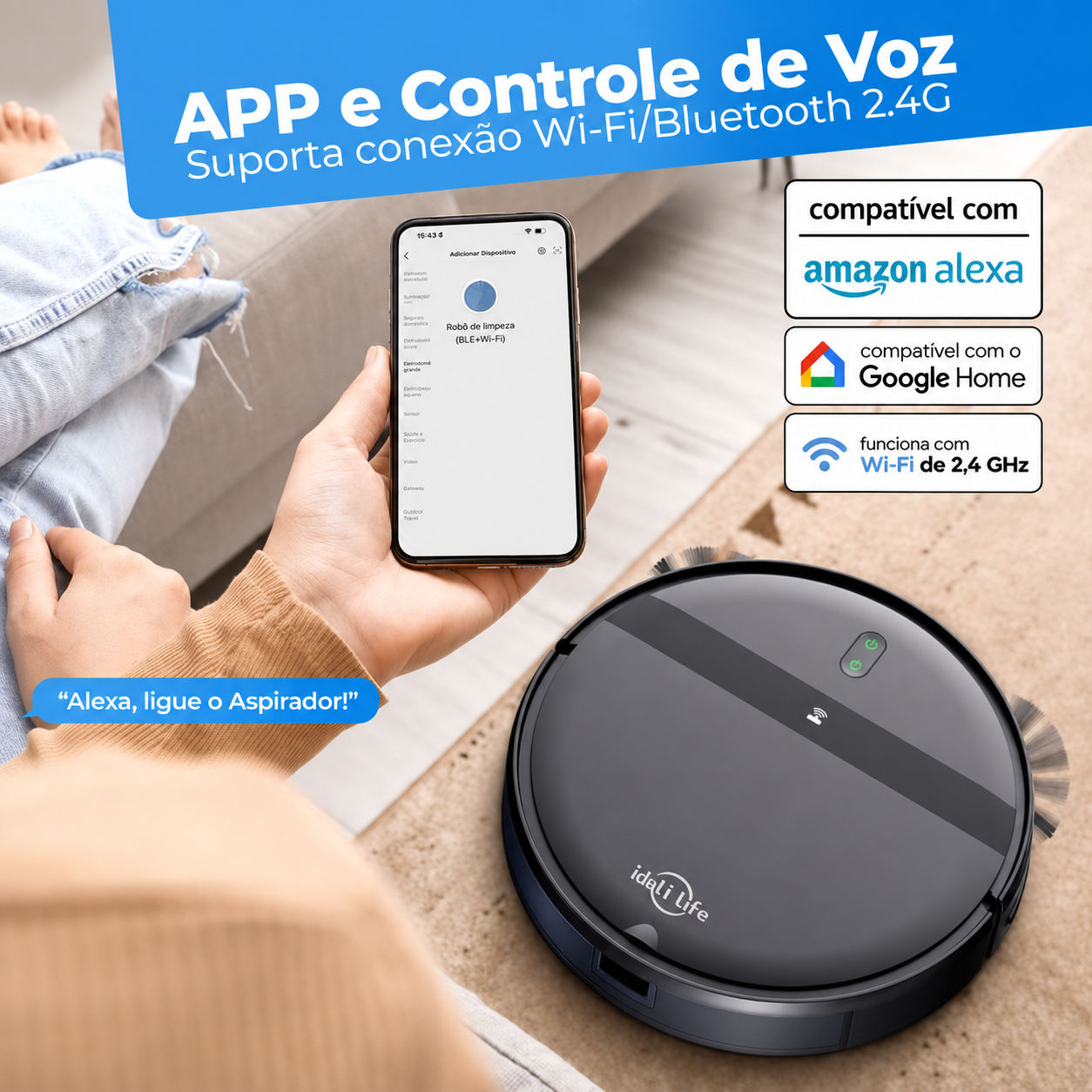 Controle por app e comando de voz