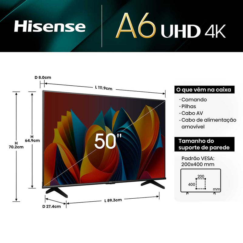 Hisense Smart TV UHD 4K 50 Polegadas 50A6K HDR10+ Dolby Vision Controle por Voz Compatível com Alexa